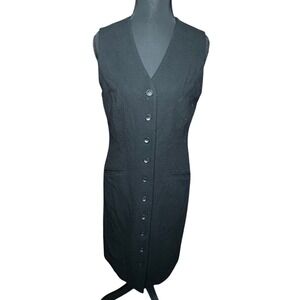 Vintage Ann Taylor Black V Neck Sleeveless Button Front Wool Dress Size 4